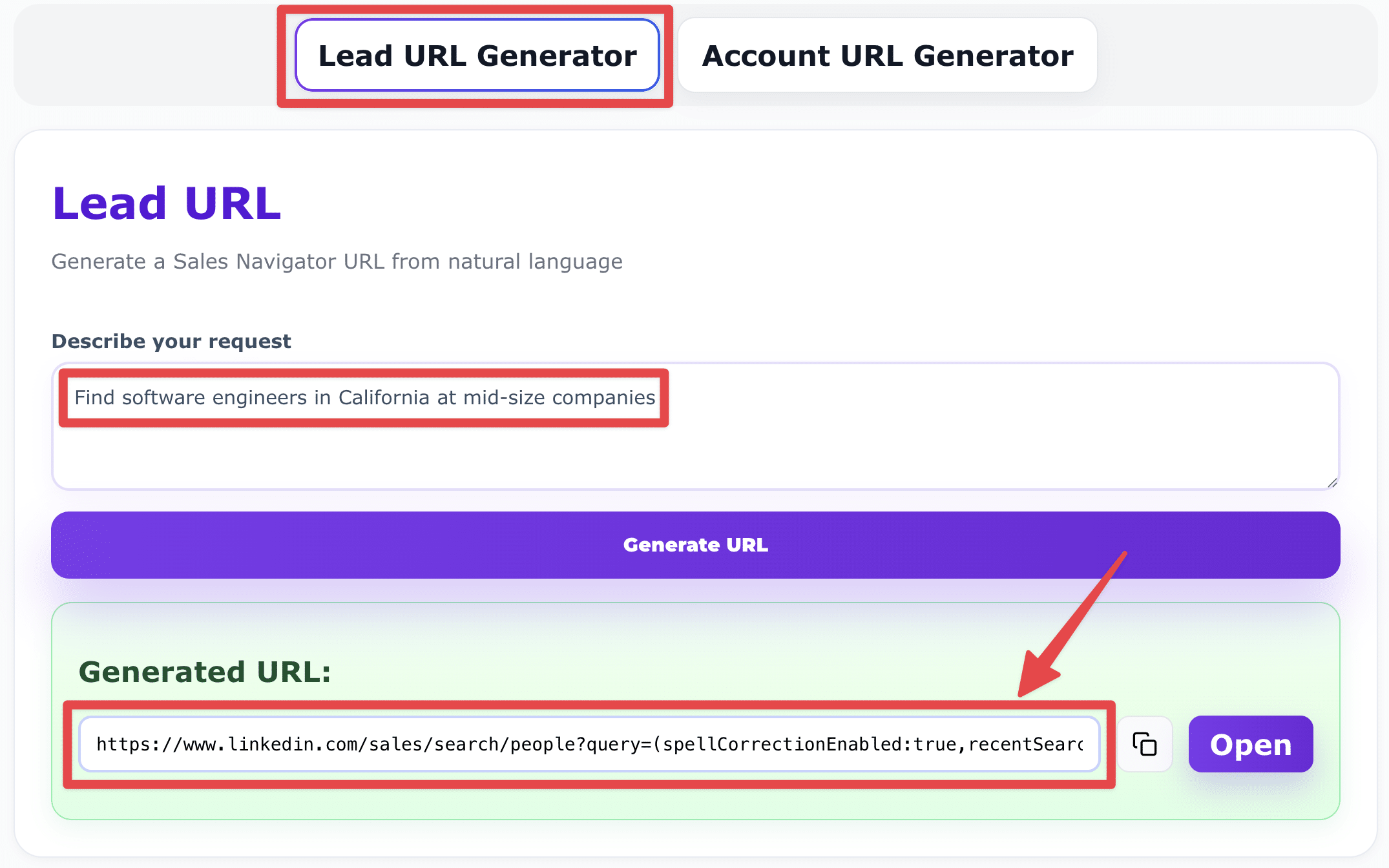 Lead Search URL Generator example