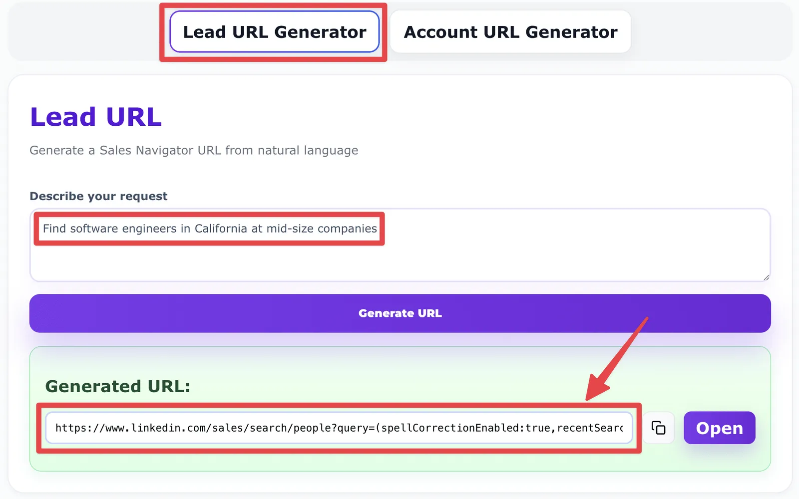 Lead Search URL Generator example